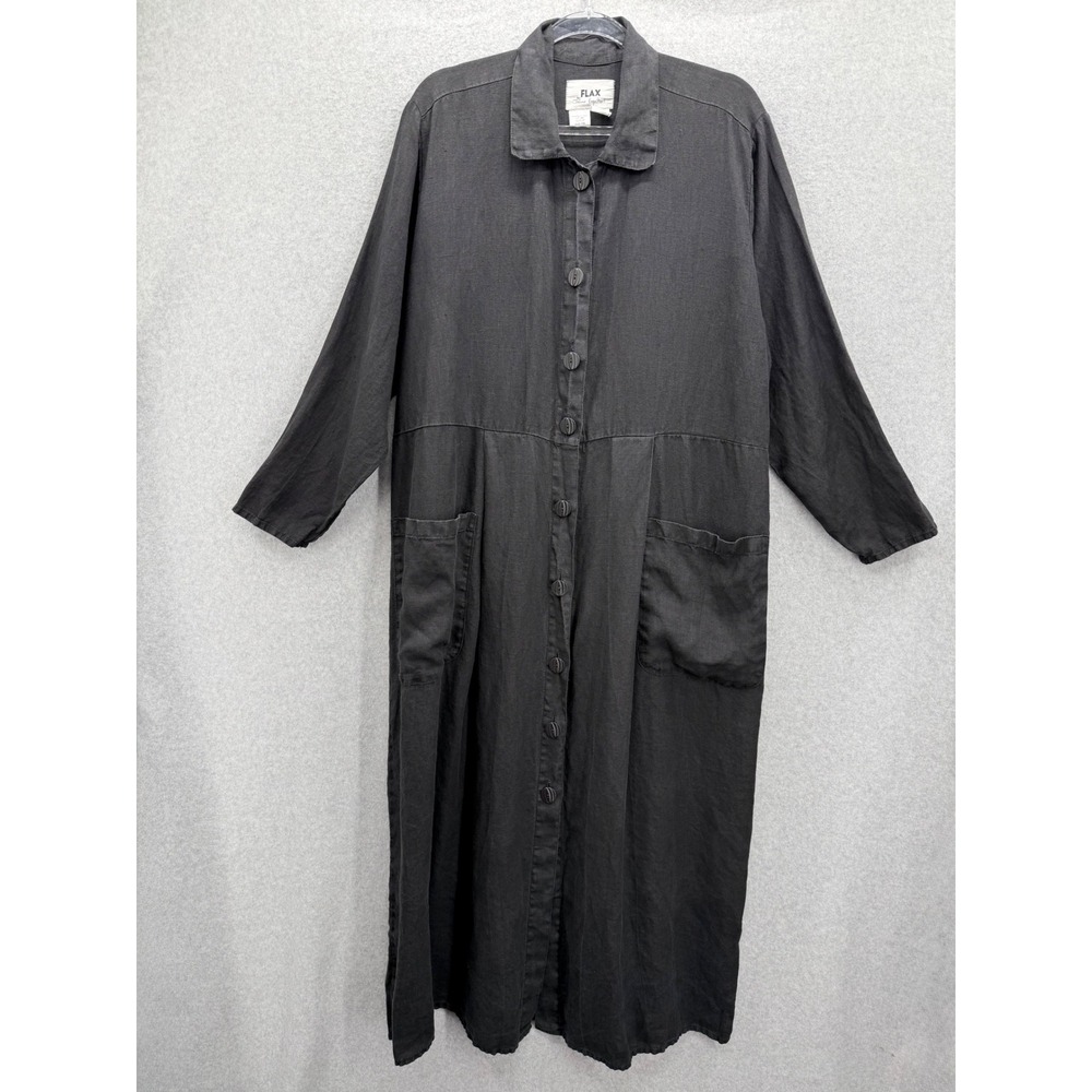 FLAX Shirt Dress Women Medium Black Linen Long Sleeve Button Front Maxi Pockets